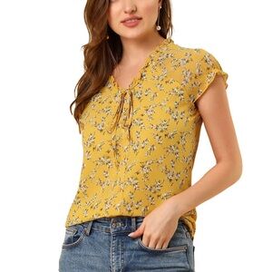 Allegra K Women’s Medium Floral Print Yellow Blouse